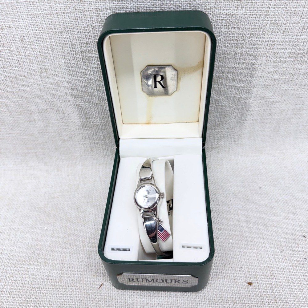 Rumours Womens Silver Bangle Watch American Flag Charm Quartz 48392 Boxed